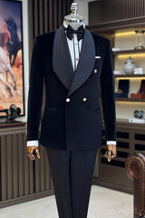 Prescott Black Velvet Double-Breasted Shawl Lapel Suit for Men