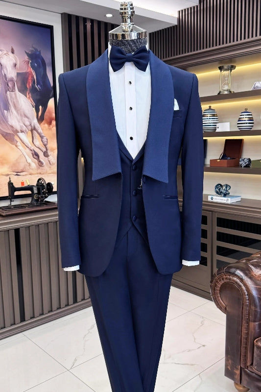 Evan Dark Blue Shawl Lapel 3-Piece Wedding Men's Suit