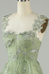 Green A Line Square Neck Corset Long Tulle Formal Party Dress with 3D Butterflies