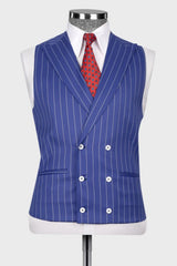 Goddard Blue Striped Peaked Lapel Three-Piece Business Suit for Men