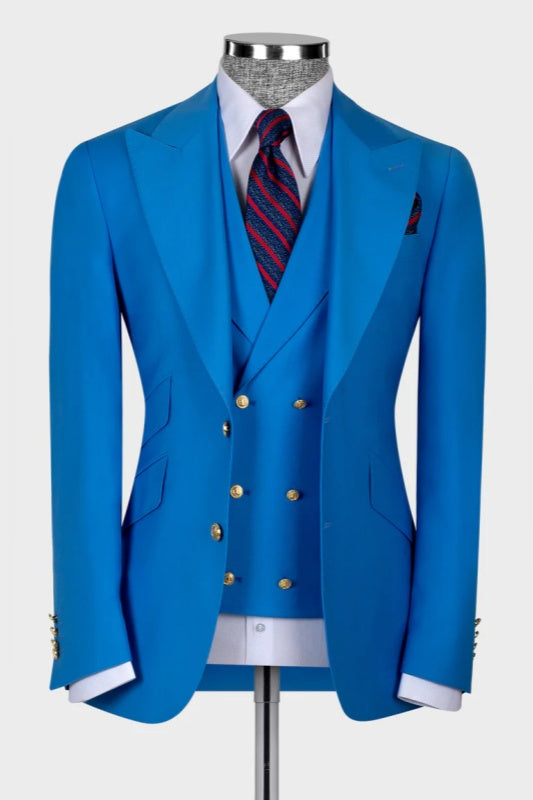 King Ocean Blue Peaked Lapel 3-Piece Wedding Men Suit