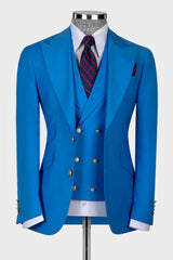 King Ocean Blue Peaked Lapel 3-Piece Wedding Men Suit