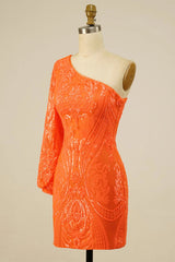 Orange Beaded Sequins One Shoulder Tight Homecoming Dress