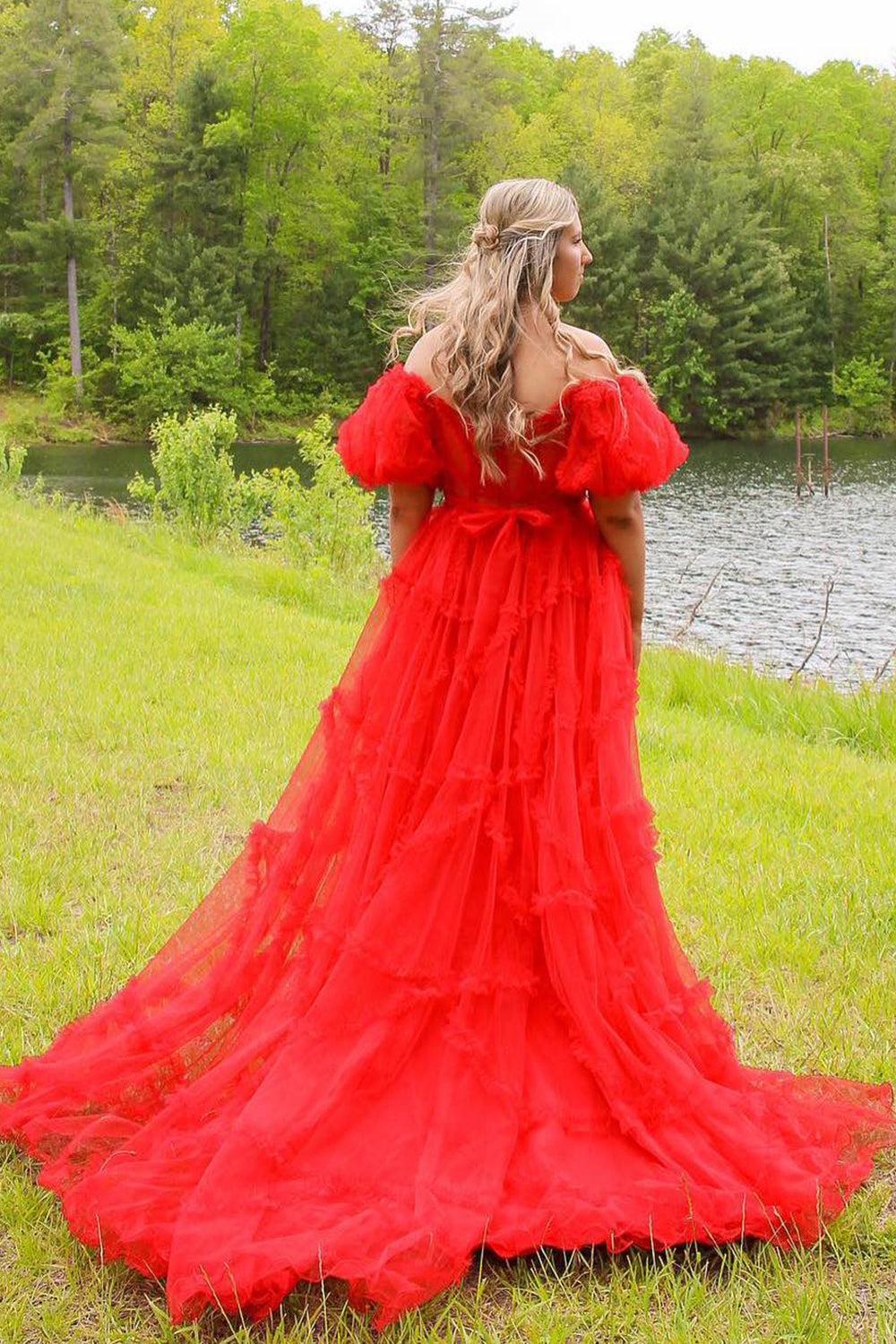 A Line Off the Shoulder Red Tulle Corset Prom Dress with Bowknot