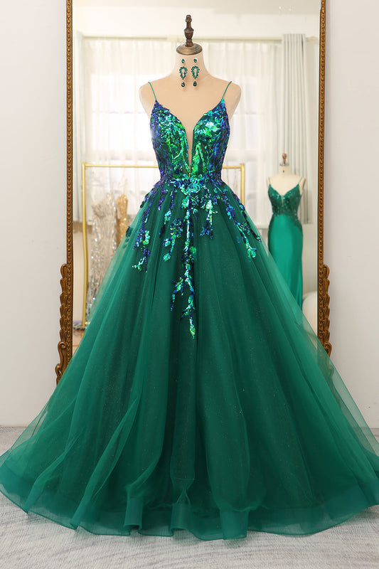 Green Sequin Tulle Spaghetti Straps A-Line Sleeveless Prom Dress