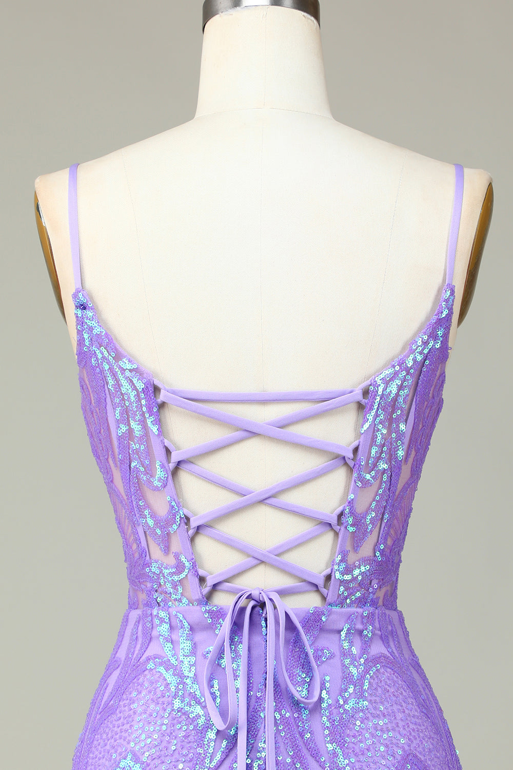 Stylish Bodycon Spaghetti Straps Lilac Sequins Corset Homecoming Dress with Criss Cross Back