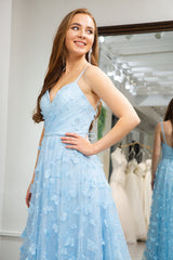 Sky Blue A Line Backless Beaded Appliques Long Prom Dress With Slit