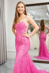 Fuchsia Mermaid Spaghetti Straps Backless Long Prom Dress With Appliques