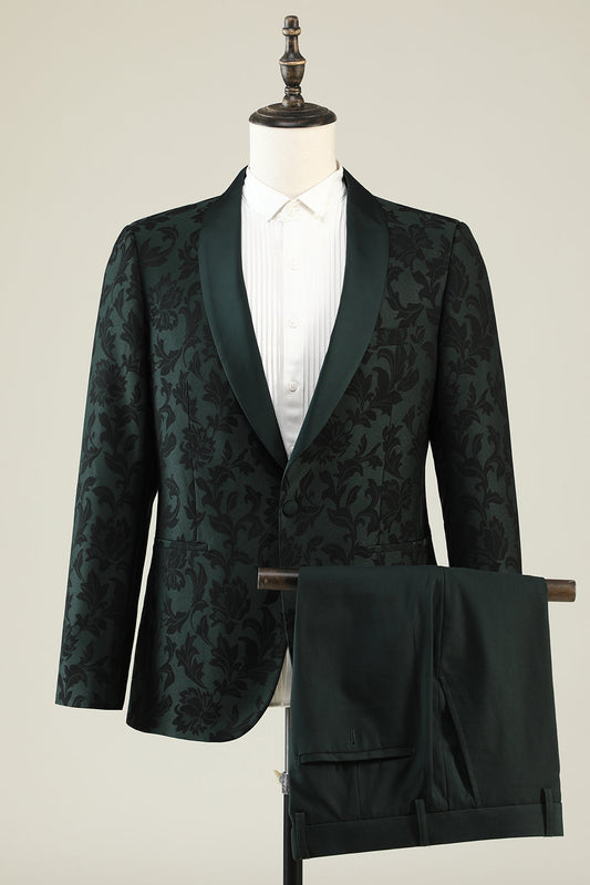 Chic Dark Green Jacquard Shawl Lapel One-Button 2-Piece Men's Prom Suit