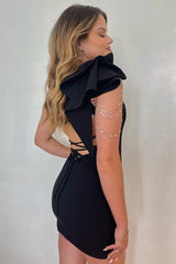 Sparkly Black Fringed Tight Short Homecoming Dress with Ruffles