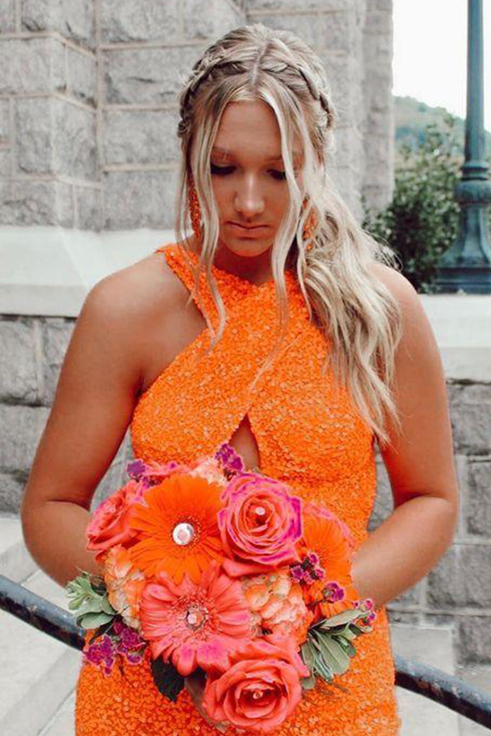 Glitter Orange Halter Backless Sequins Tight Homecoming Dress