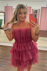 Pink Strapless A-Line Tiered Tulle Short Homecoming Dress