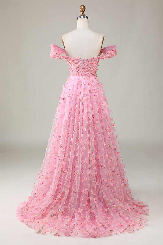 A-line Off The Shoulder Pink Long Prom Dress with 3D Flowers