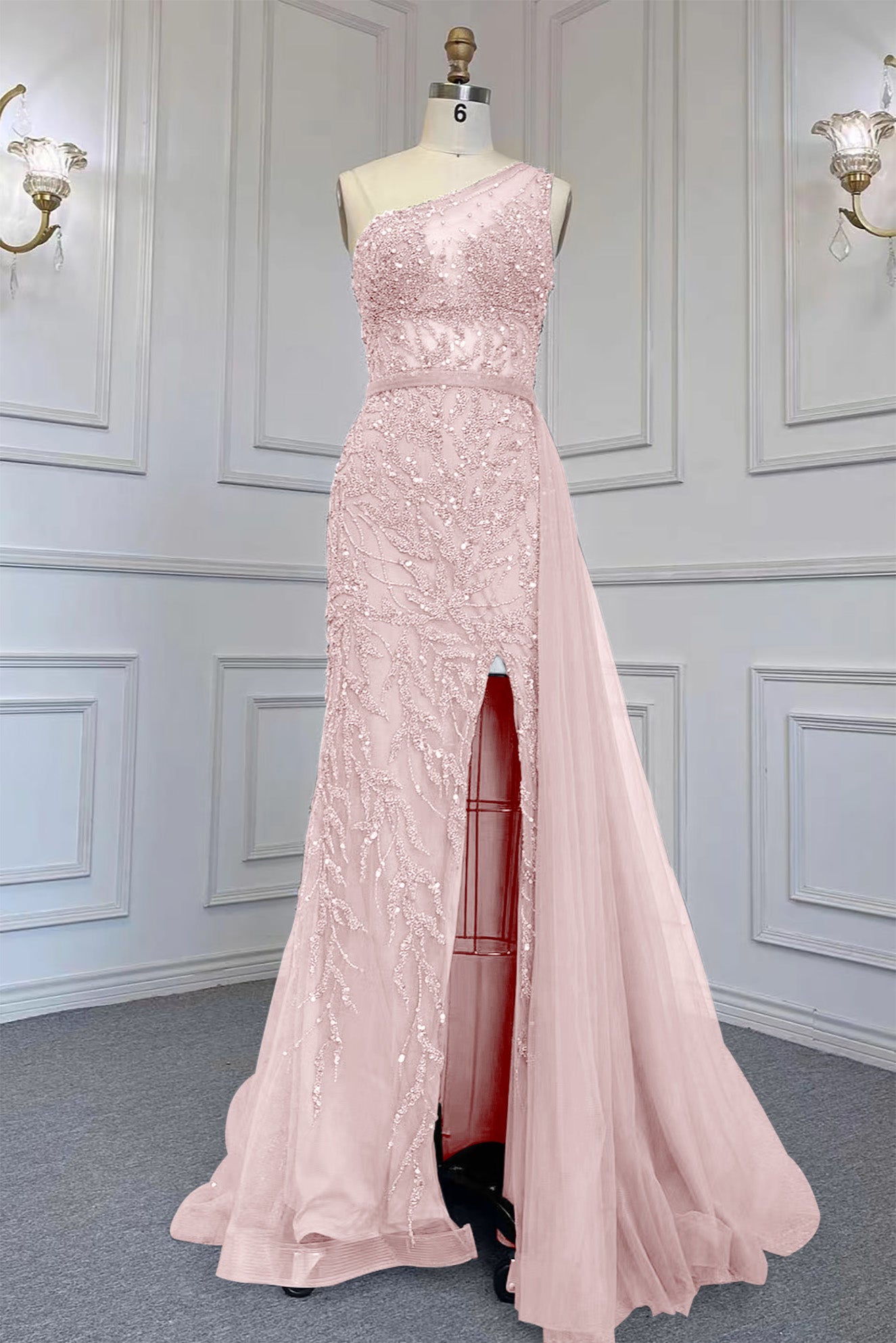 Elegant One Shoulder Tulle Evening Dress with Beadings, Slit, and Rhinestone