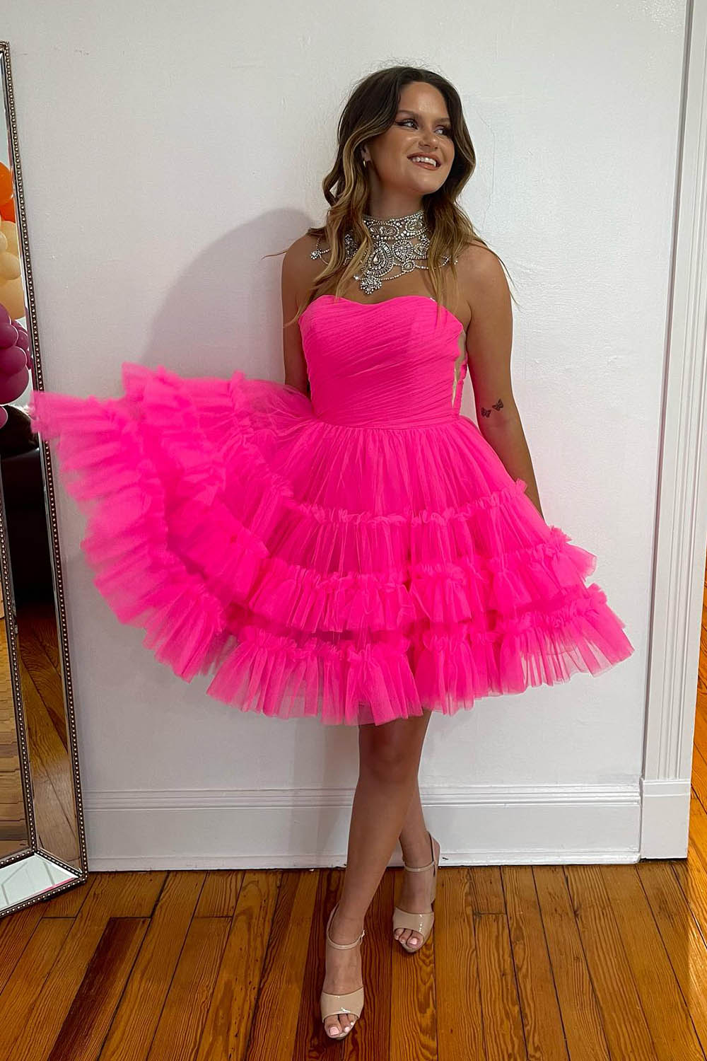 Fuchsia A-Line Sweetheart Tulle Tiered Corset Short Homecoming Dress