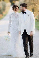 Lace Mermaid Wedding Dress with Detachable Long Sleeve Lace Topper Strapless Bridal Gown