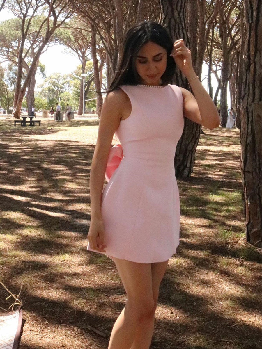Light Pink Bow A-line Pearls Mini Dress Gown Homecoming Party Dresses