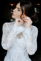 Lace Mermaid Wedding Dress with Detachable Long Sleeve Lace Topper Strapless Bridal Gown