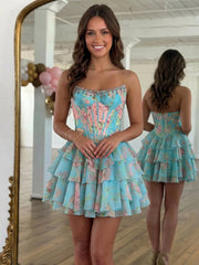 Strapless Floral Print Corset Mini Dress with Tiered Ruffles Homecoming Dresses