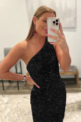 Mermaid One Shoulder Black Sequins Prom Dress