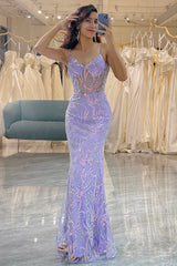 Glitter Lilac Long Corset Appliqued Prom Dress