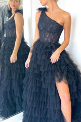 Black One Shoulder Corset Tiered Long Prom Dress with Ruffles