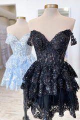 Glitter Blue Asymmetrical A-Line Short Lace Homecoming Dress