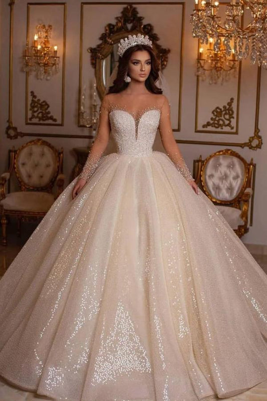 Luxury Long Ball Gown Sweetheart Wedding Dress with Sleeves