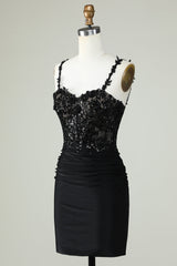 Sheath Spaghetti Straps Black Short Homecoming Dress with Appiques