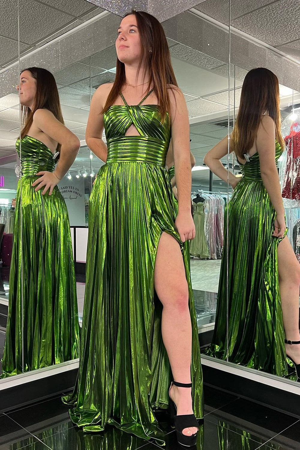 Glitter Green A Line Backless Long Prom Dress With Slit