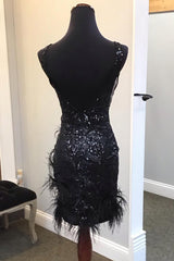 Sparkly Black Sequin V-Neck Backless Tight Short Homecoming Dress with Feathers