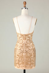 Spaghetti Straps Golden Tight Homecoming Dress with Beading