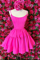 Fuchsia Spaghetti Straps Lace-Up Back A-Line Short Satin Homecoming Dress