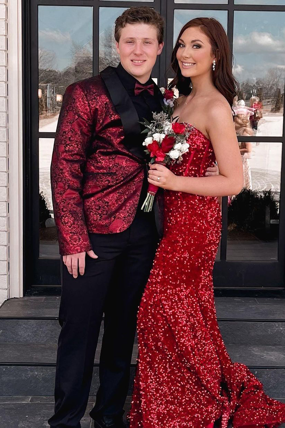 Elegant Burgundy Jacquard Shawl Lapel One-Button Prom Homecoming Blazer