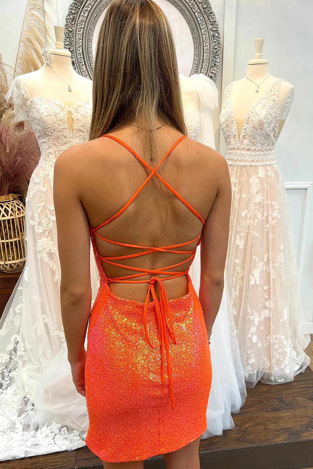 Sparkly Orange Sequined Tight Short Homecoming Dress with Slit