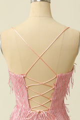 Pink Spaghetti Straps Bodycon Homecoming Dress With Feathers