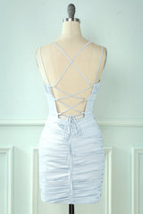 Baby Blue Tight Lace-Up Back Ruched Homecoming Dress