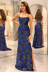 Sparkly Royal Blue Long Sequined Prom Dress With Slit