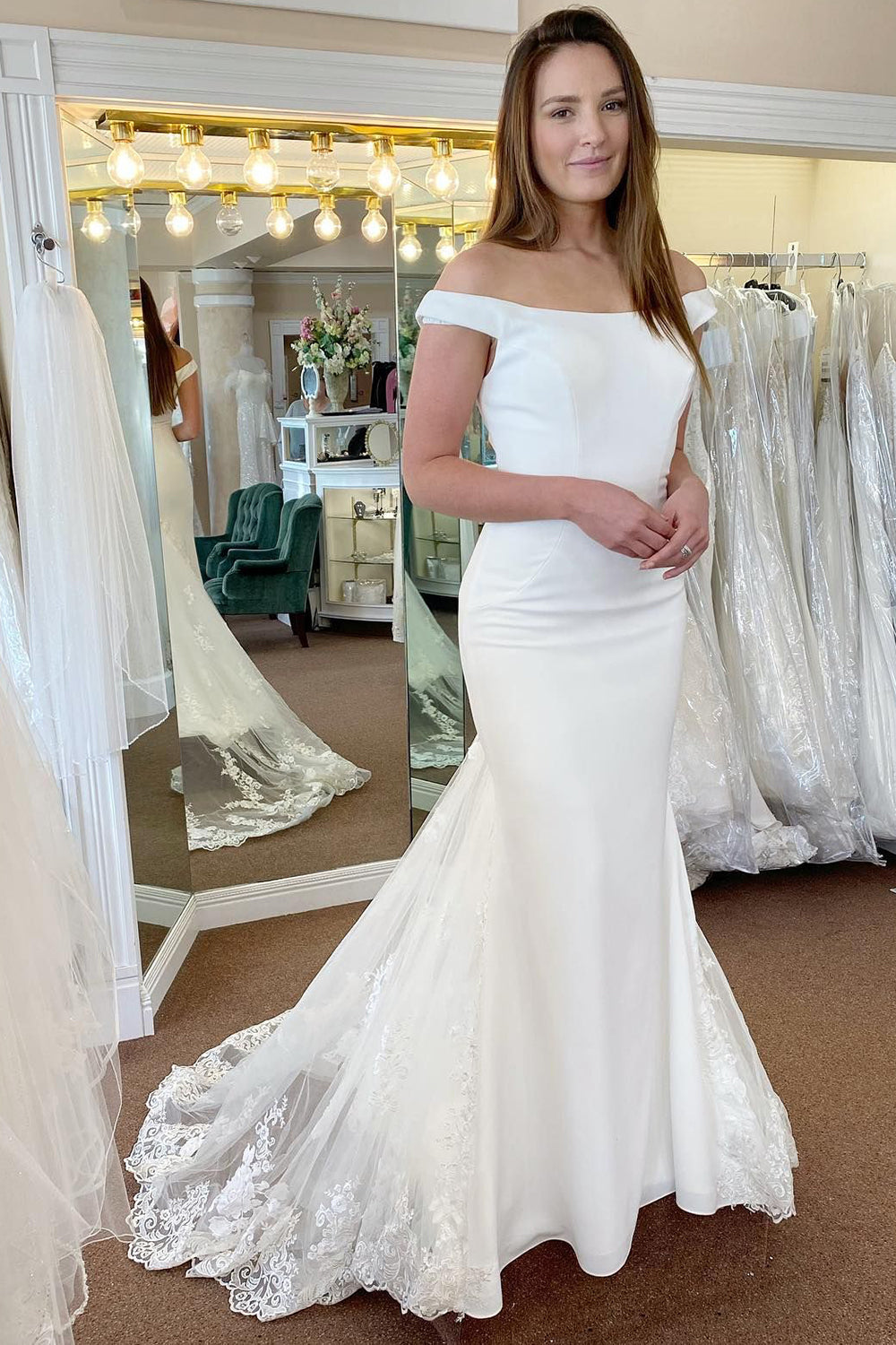 Beautiful White Off-the-Shoulder Long Mermaid Wedding Dress with Lace