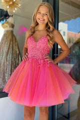 Fuchsia Orange Homecoming Dress Tulle Spaghetti Straps Party Dress with Appliques