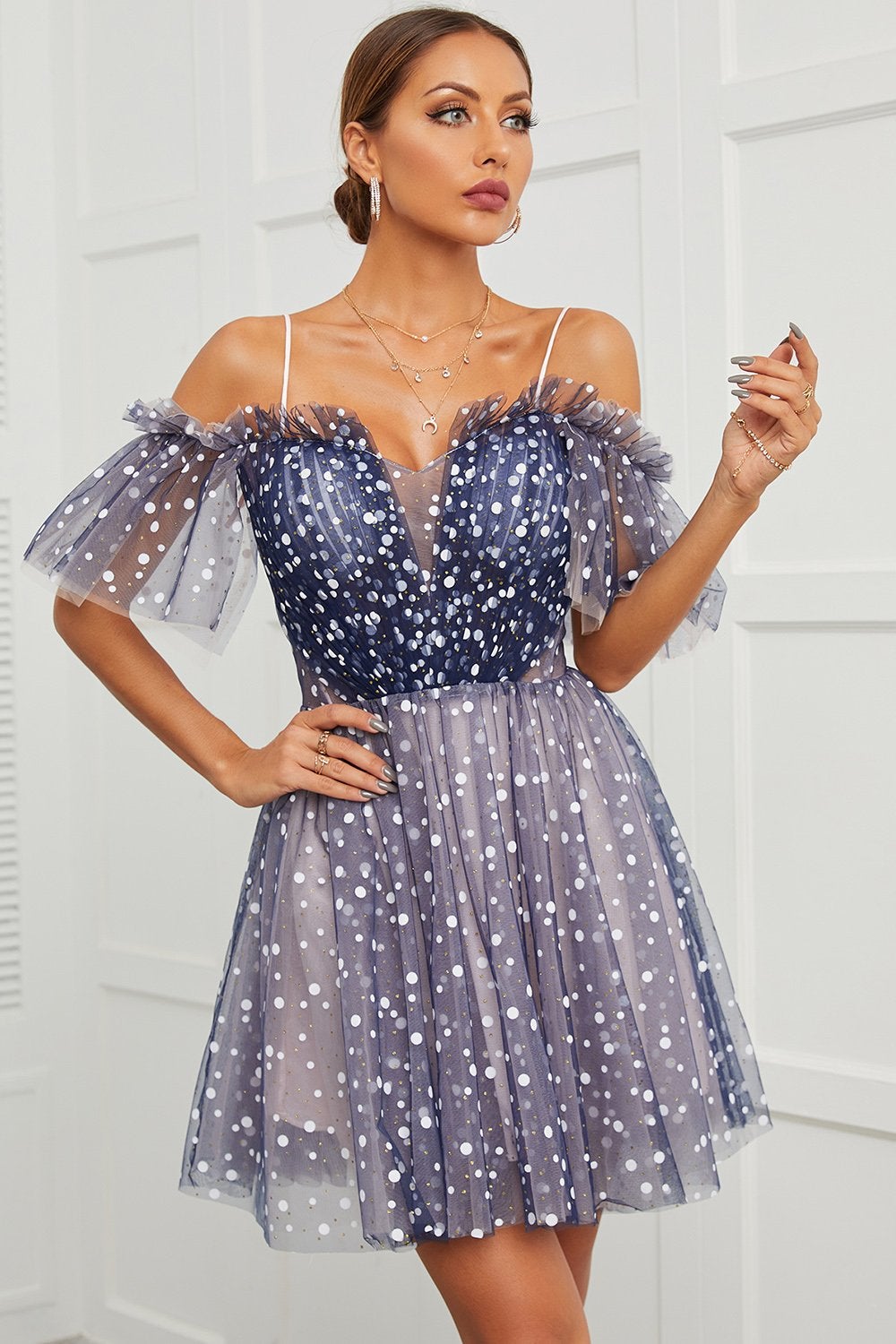 Navy Polka Dots Off Shoulder Cocktail Dress