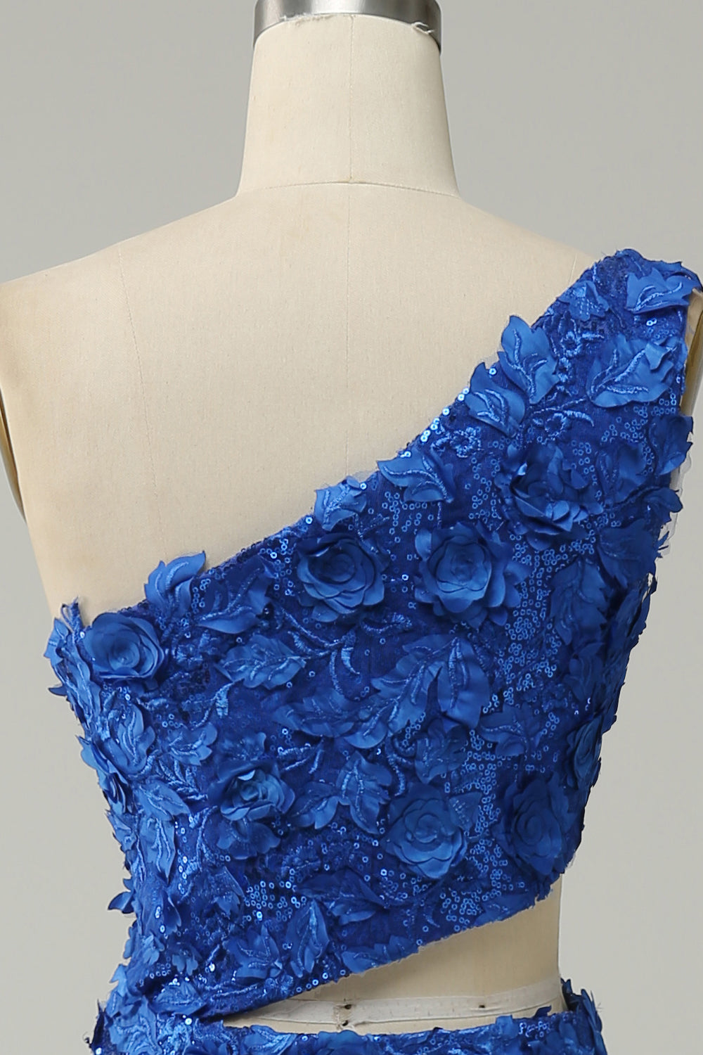 Sparkly Royal Blue One Shoulder Sequins Prom Dress with 3D Flowers