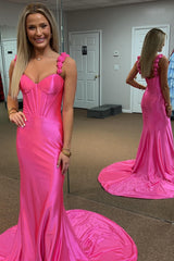 Fuchsia Mermaid Long Satin Prom Dress with Ruffles