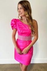 Sparkly Fuchsia Beaded One Shoulder Tight Short Homecoming Dress