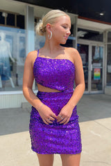 Sparkly Purple Sequined Cut Out Backless Tight Short Homecoming Dress