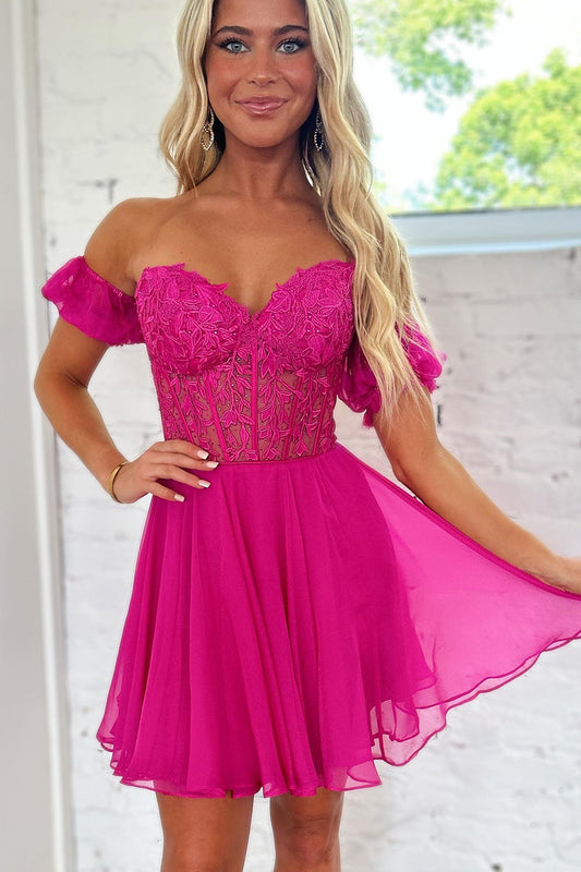 Sparkly Fuchsia Lace-Up Back A-Line Short Homecoming Dress with Lace