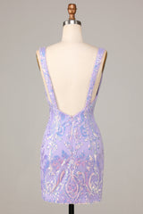 Glitter Lilac Sequins Backless Tight Short Homecoming Dress