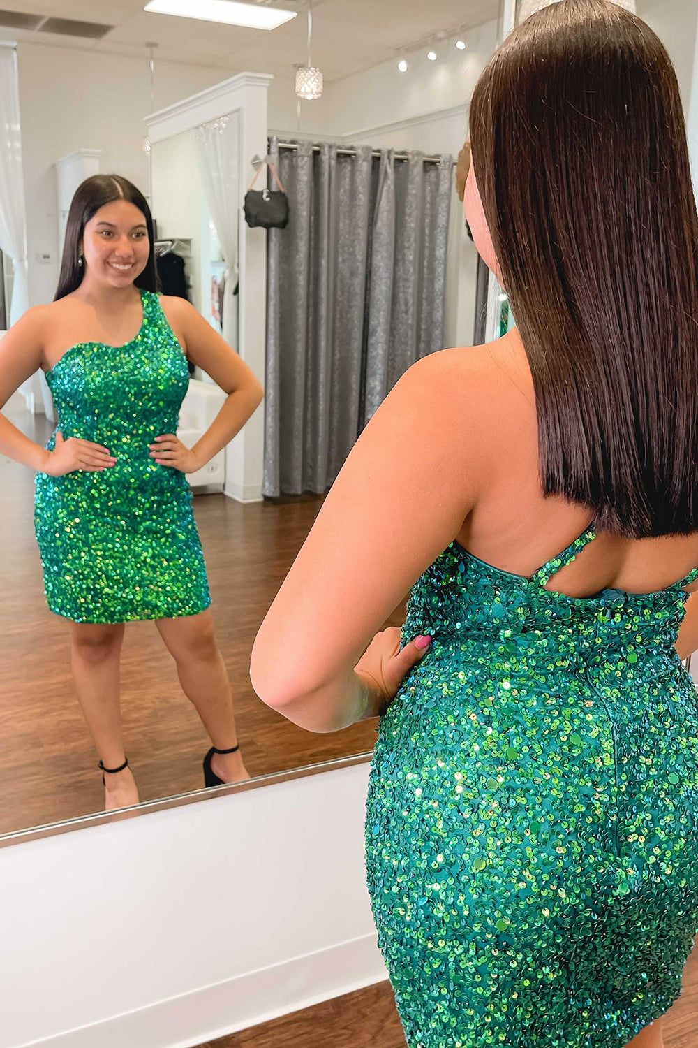 Sparkly Green Sequins One Shoulder Tight Short Homecoming Dress