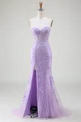 Purple Corset Sweetheart Long Lace Prom Dress with Slit