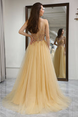 Golden A Line Long Corset Prom Dress With Appliques